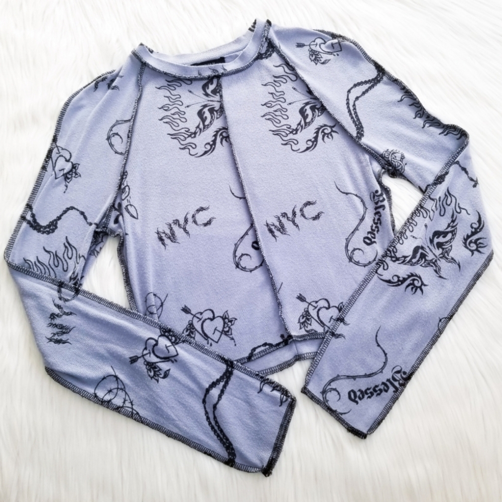 Forever 21 Pastel Blue Periwinkle Tattoo Pattern Pring Long Sleeve Top
